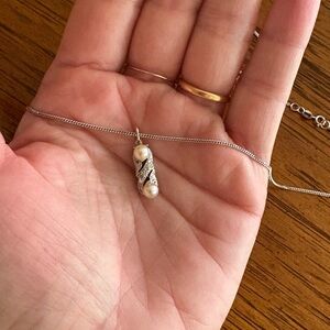 Birks vintage necklace in 14k white gold with pearls and diamond charm.